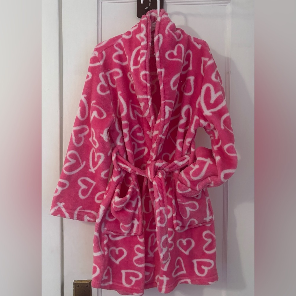 Pink Heart Print Soft Cozy Fleece Robe with Pockets / Belt
